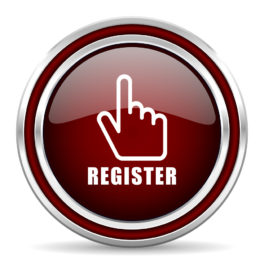 Register red text glossy icon. Chrome border round web button. S